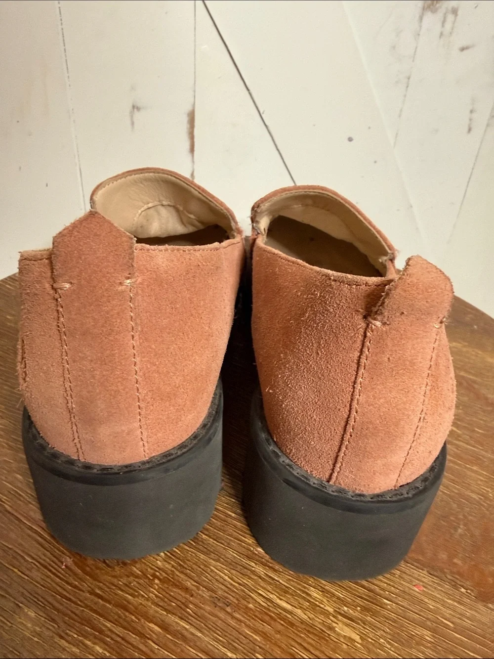 Hush Puppies Lucy Suede Loafers in Dusty Pink with Chunky Black Sole